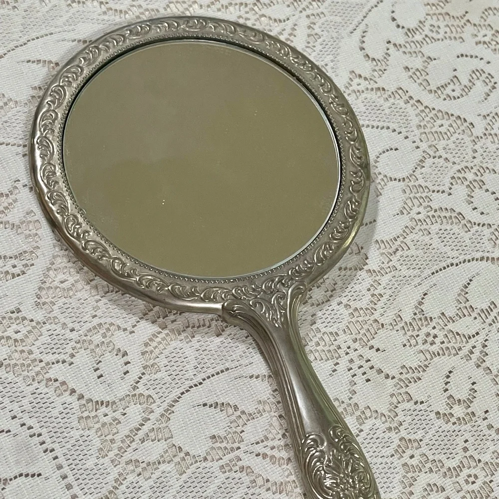 Vintage Victorian Vanity Mirror Silver Tone Handheld Mirror Art Deco